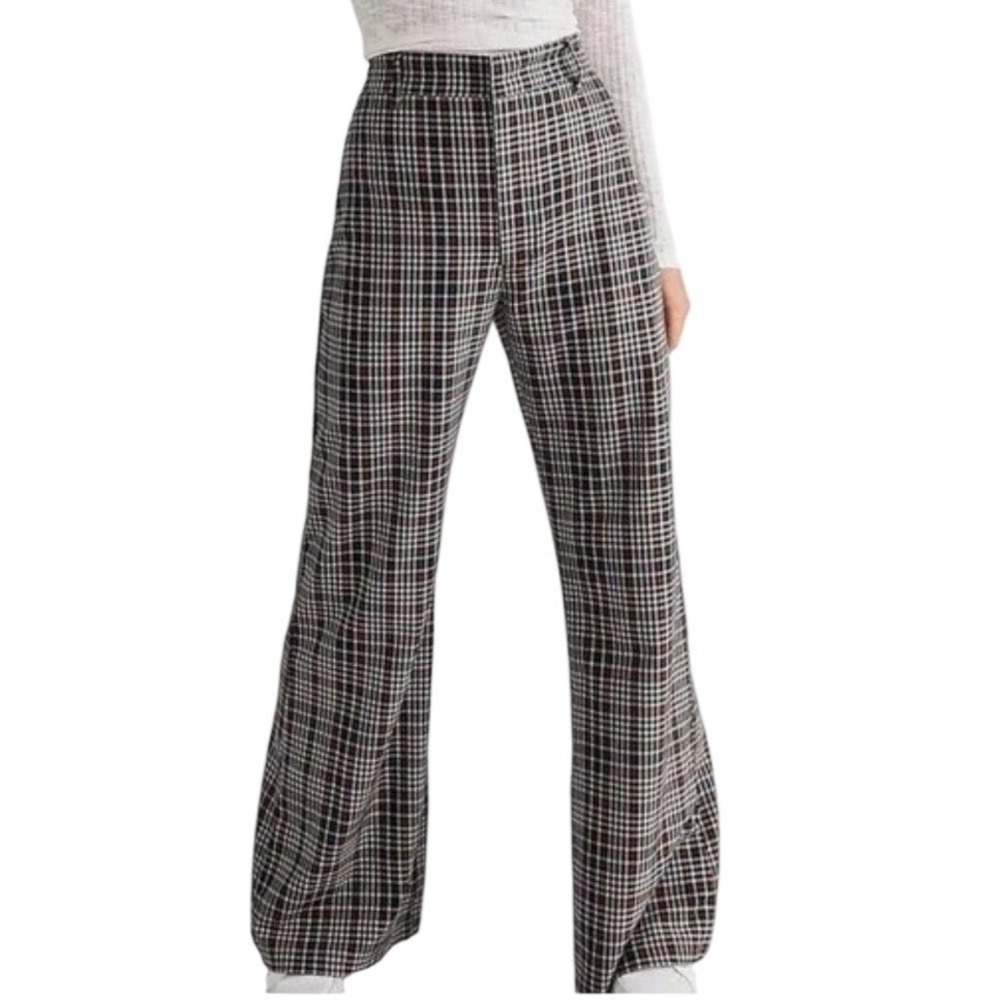 Free People Women's Plaid Wide Leg High Rise Trouser Pants Size 6 Boho Preppy‎